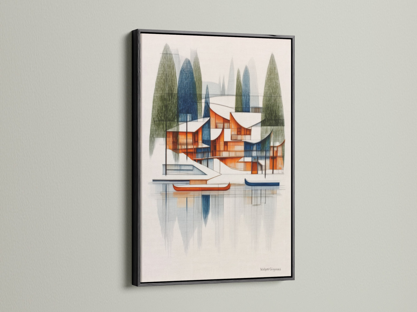 A black frame presents an architectural lake house artwork. This mid-century modern art features geometric lake scenery. The black frame adds a touch of sophistication. It is a great choice for office art or home decor.