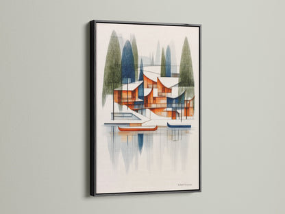 A black frame presents an architectural lake house artwork. This mid-century modern art features geometric lake scenery. The black frame adds a touch of sophistication. It is a great choice for office art or home decor.