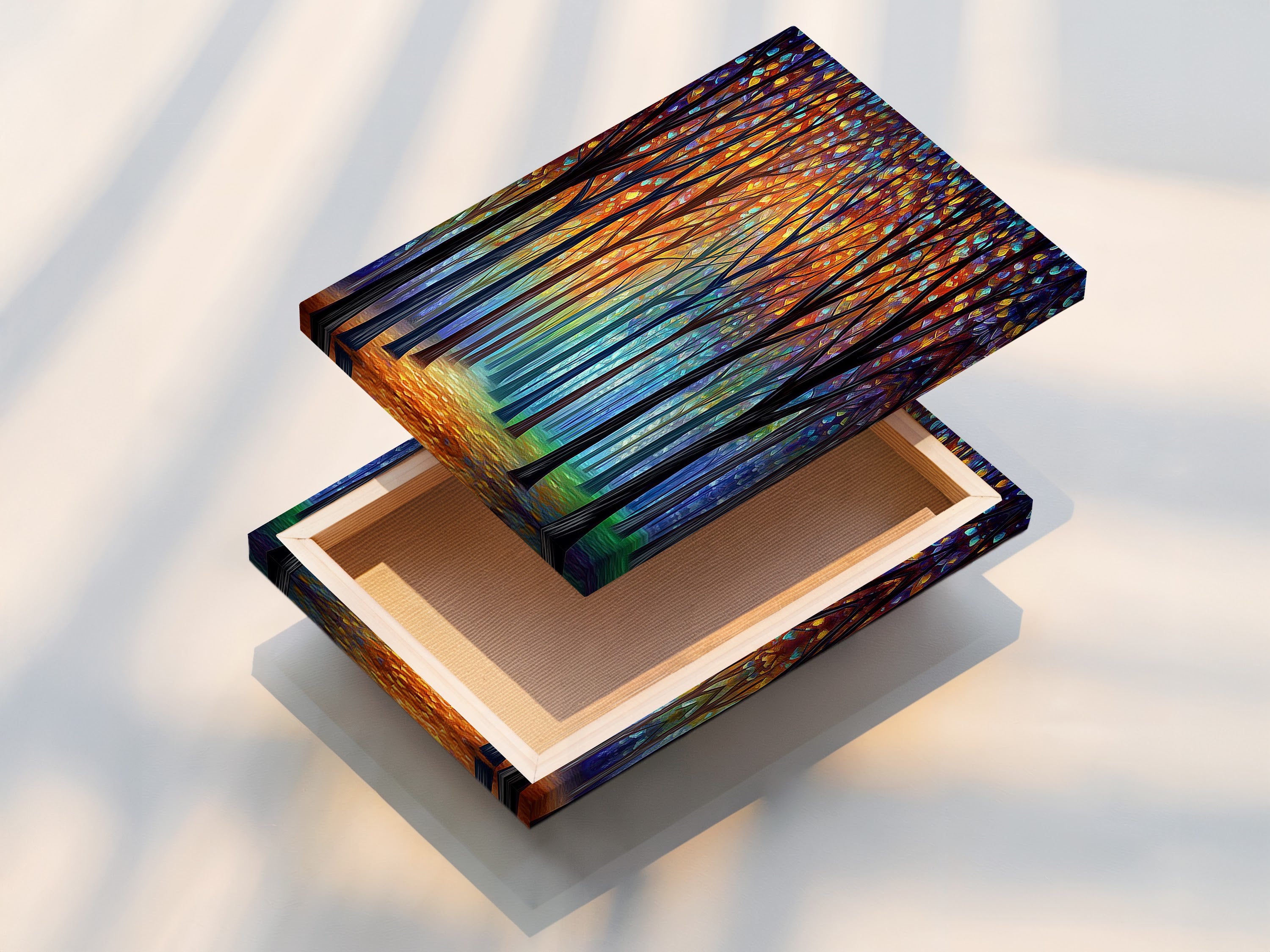 This is a stretched canvas print featuring colorful forest artwork. The abstract trees wall art is ready to hang. Enhance your space with this modern nature decor which is perfect for any room.