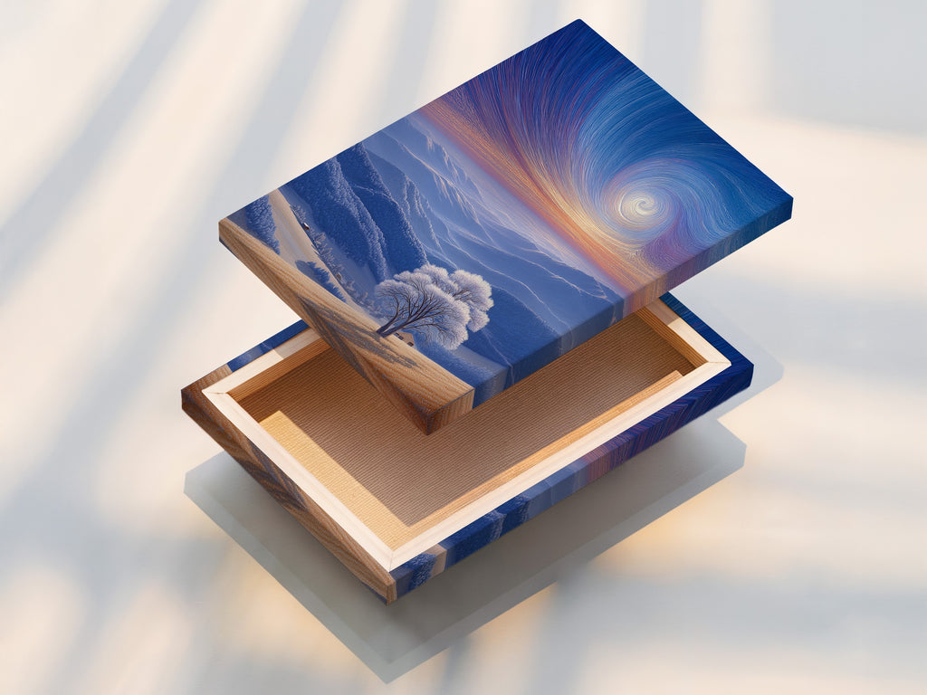 This is a stretched canvas print ready to hang. The canvas texture enhances the artwork's visual appeal. Stretched canvas provides a gallery-worthy look. This is a durable and elegant way to display art.