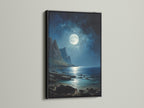 Moonlit Ocean Seascape Print - Coastal Cliffs Wall Art, Blue Night Sky Poster, Beach Waves Decor, Nautical Home Art