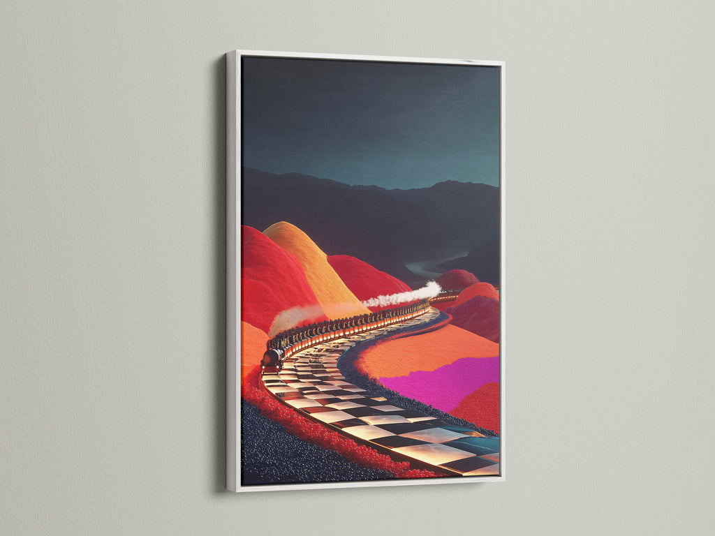 Surreal Train Ride artwork with a white frame. This whimsical artwork brings color to your walls. The train art is perfect for a game room. It's a unique wall decor piece. The colorful art print is a journey for the eyes. Enhance your space with this vibrant artwork.