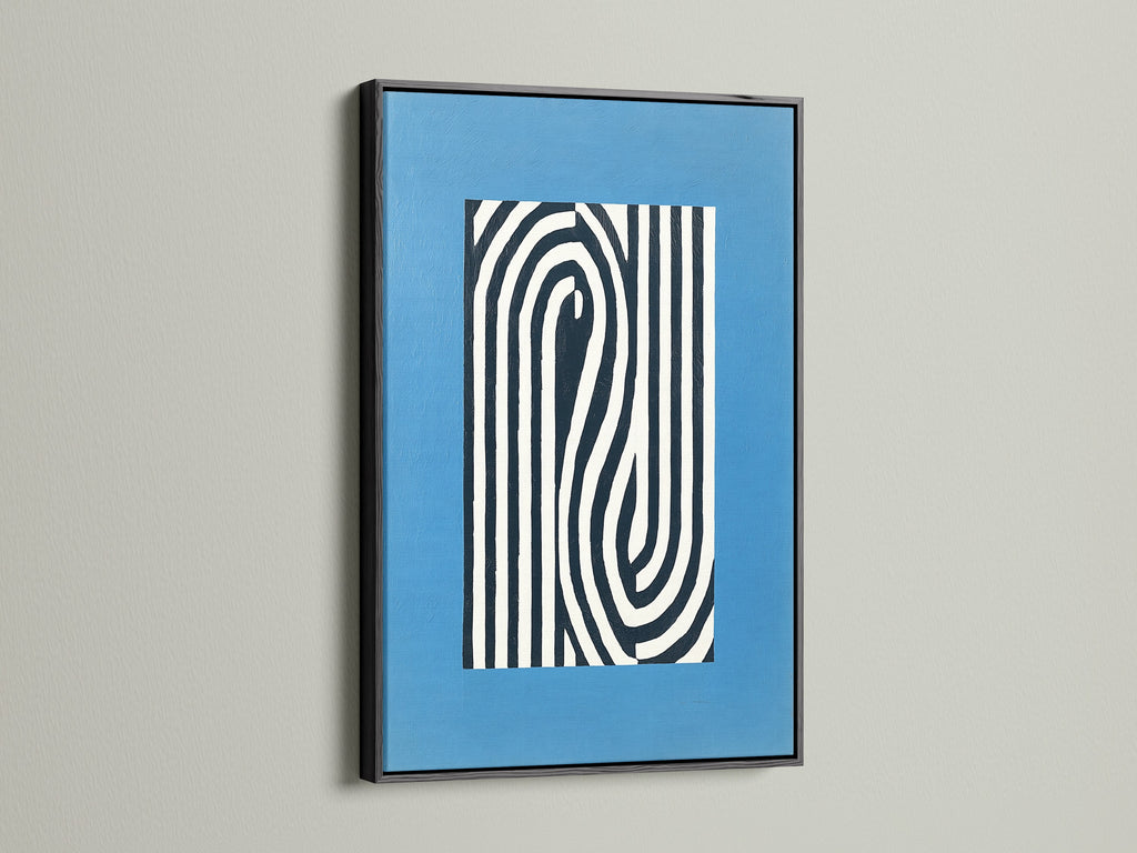 Black frame showcasing an abstract line art print. This modern canvas art adds a bold statement. The optical illusion creates a unique visual effect. Perfect for minimalist decor or a contemporary office. Shop our black framed art now.
