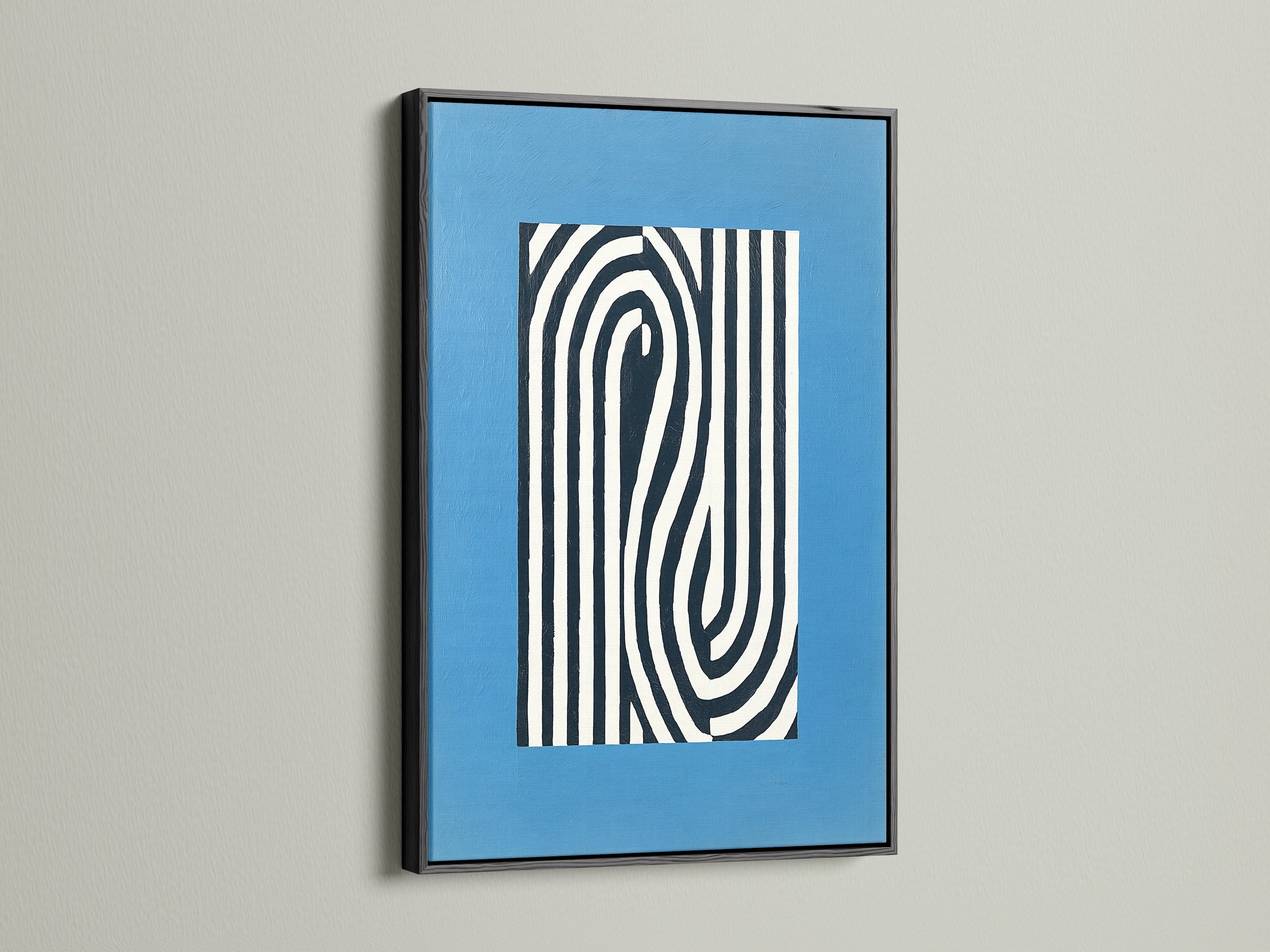 Black frame showcasing an abstract line art print. This modern canvas art adds a bold statement. The optical illusion creates a unique visual effect. Perfect for minimalist decor or a contemporary office. Shop our black framed art now.