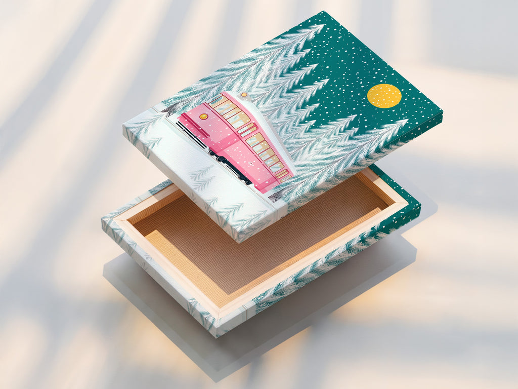 Beautifully stretched canvas print of the winter tram artwork. The pink train and snowy forest scene wrap around the frame. This ready-to-hang artwork adds instant holiday cheer to any room. It is perfect for festive decorating.