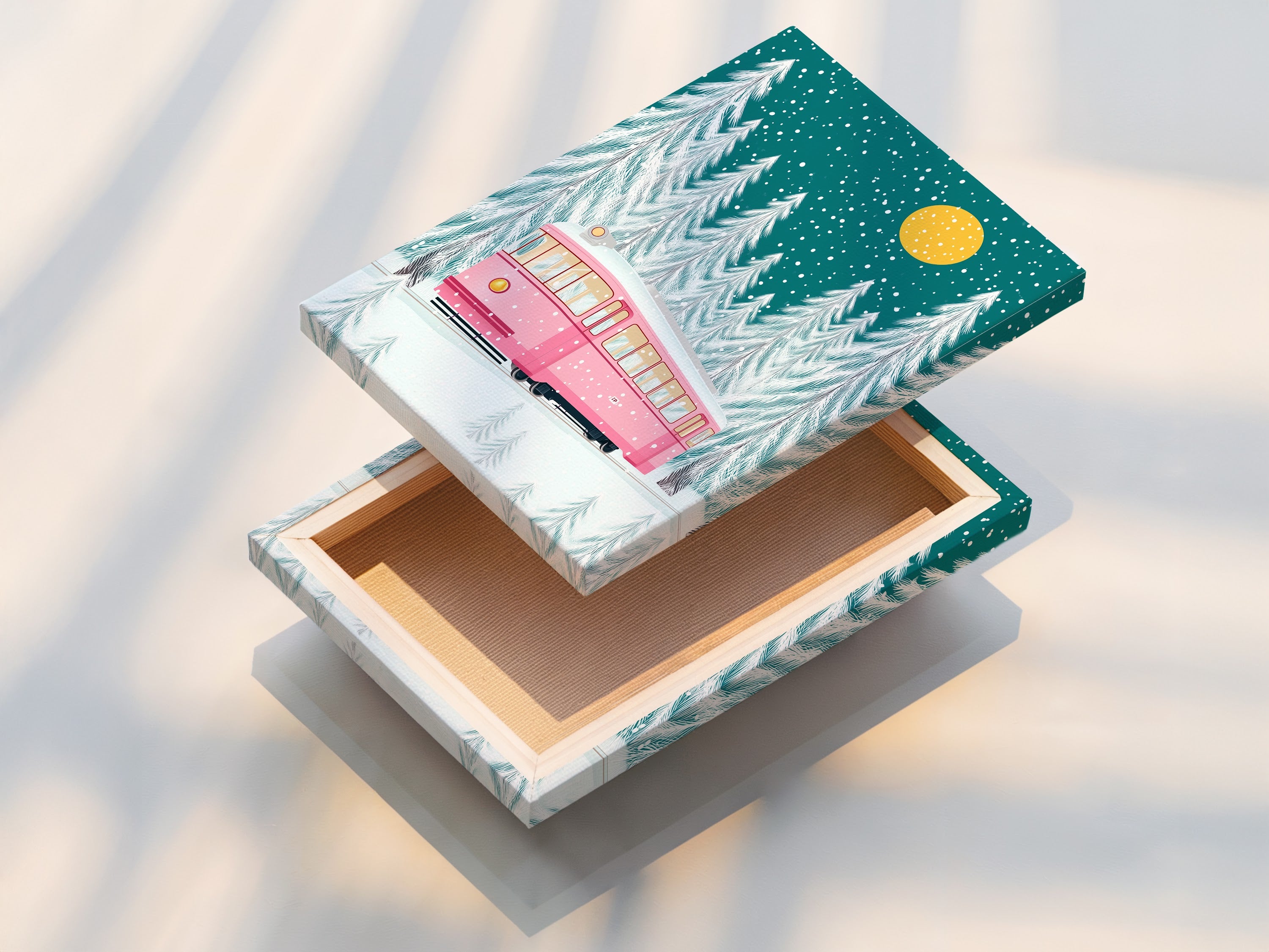 Beautifully stretched canvas print of the winter tram artwork. The pink train and snowy forest scene wrap around the frame. This ready-to-hang artwork adds instant holiday cheer to any room. It is perfect for festive decorating.