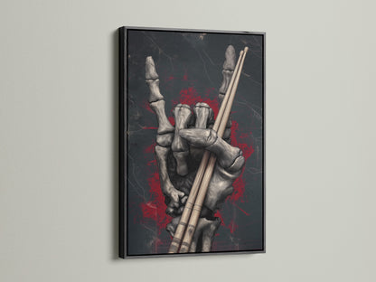 Skeleton Hand Drumsticks artwork with a black frame. This gothic canvas art is ideal for music studio art. It's a dark academia print that captures the essence of rock culture. A great skeleton art print to celebrate unique artwork. It enhances studio decor.