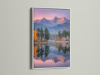 This landscape wall art features a breathtaking mountain lake scene. The white frame enhances the artwork's contemporary style. Notice the sunset mountains and pine trees reflected in the water. Ideal for bedroom art or modern decor.