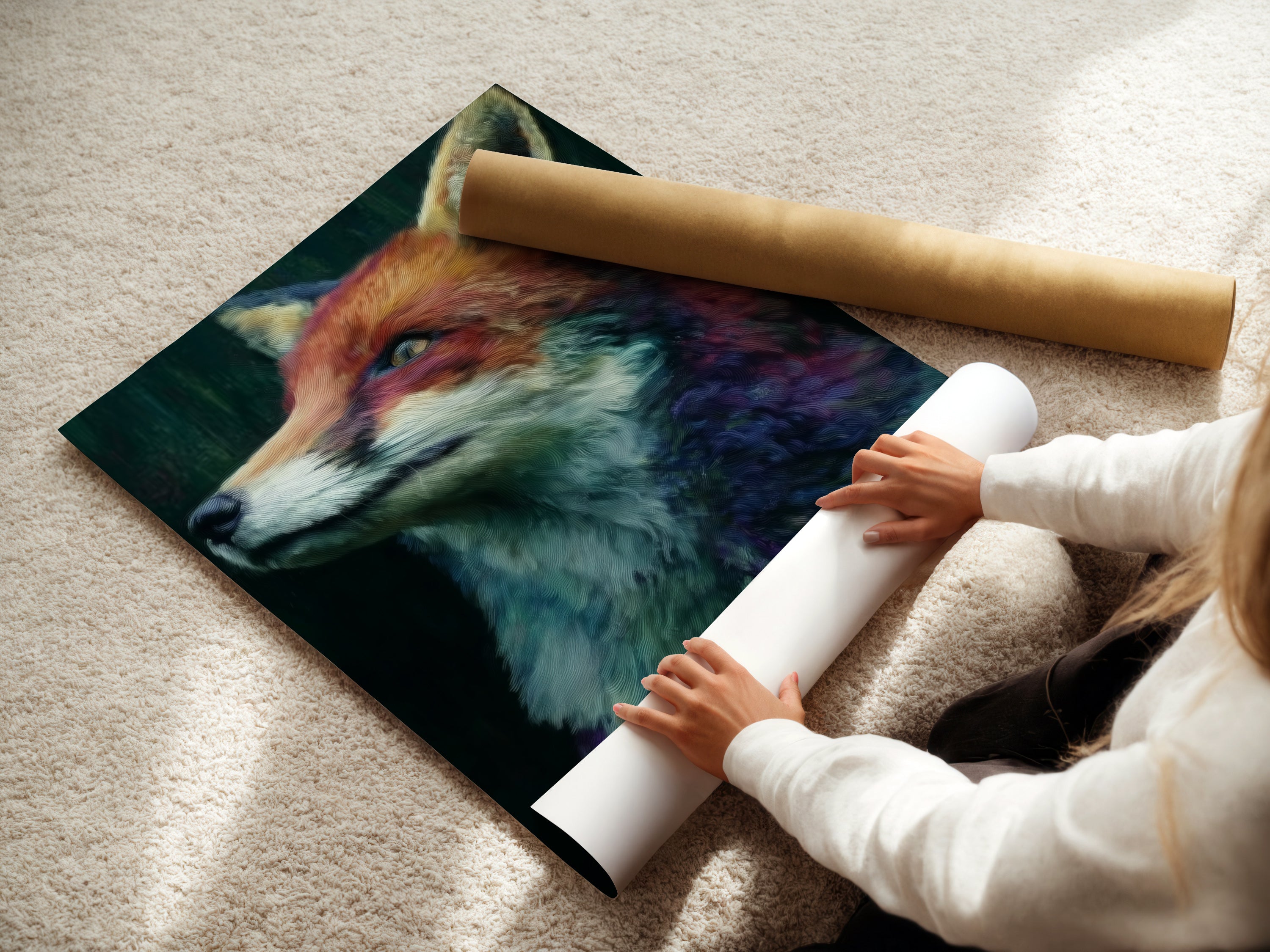 A woman carefully rolling a fine art poster paper print of a fox portrait. Ensuring the artwork is perfectly preserved. This modern animal artwork is ready to be framed and displayed in your favorite space.