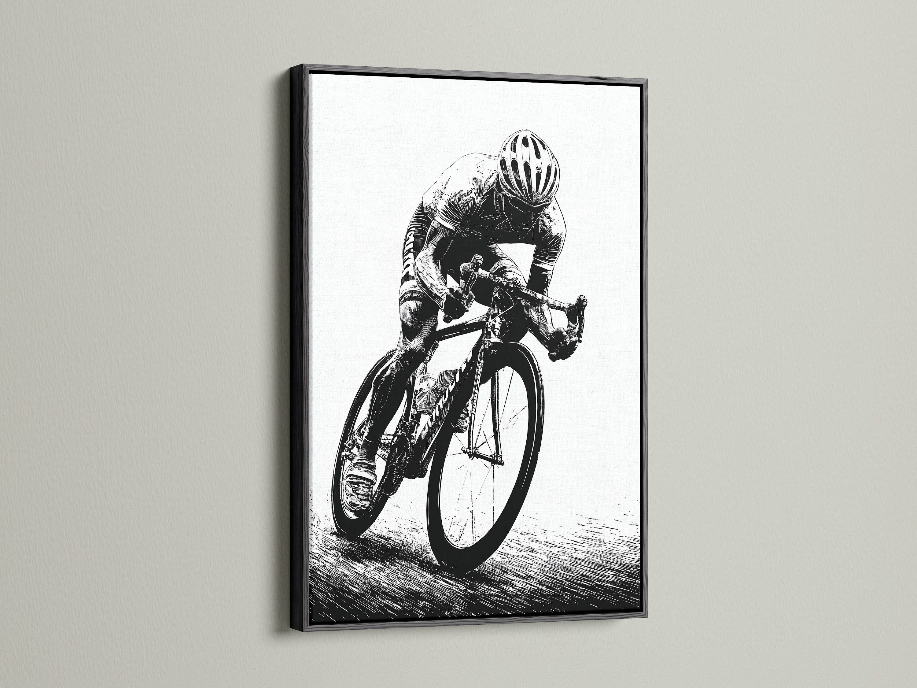 Cycling art print in a sleek black frame. A classic black and white art piece for any space. This sports wall decor is perfect for man cave wall decor. Elevate your office wall art with this cycling poster.