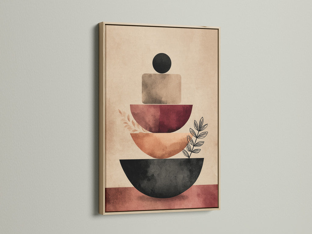 This is an oak frame displaying abstract shapes. The artwork features earth tone minimalist wall art. Geometric shapes create a modern artwork. This piece is perfect for office decor.