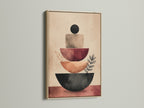 A close-up view showcases an abstract stacking canvas print with an oak frame. The terracotta geometric artwork uses modern neutral tones. This piece is perfect for minimalist and scandi decor. The artwork enhances living rooms and office spaces.