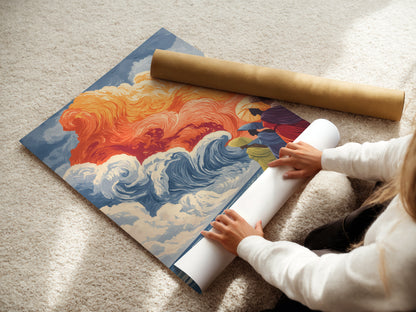 A woman is carefully rolling a fine art poster paper. This showcases the care and quality that goes into our ocean wave artwork. Perfect for creating stunning wall art. Choose our fine art poster paper for a high-quality print that brings the beauty of the beach to your home decor.