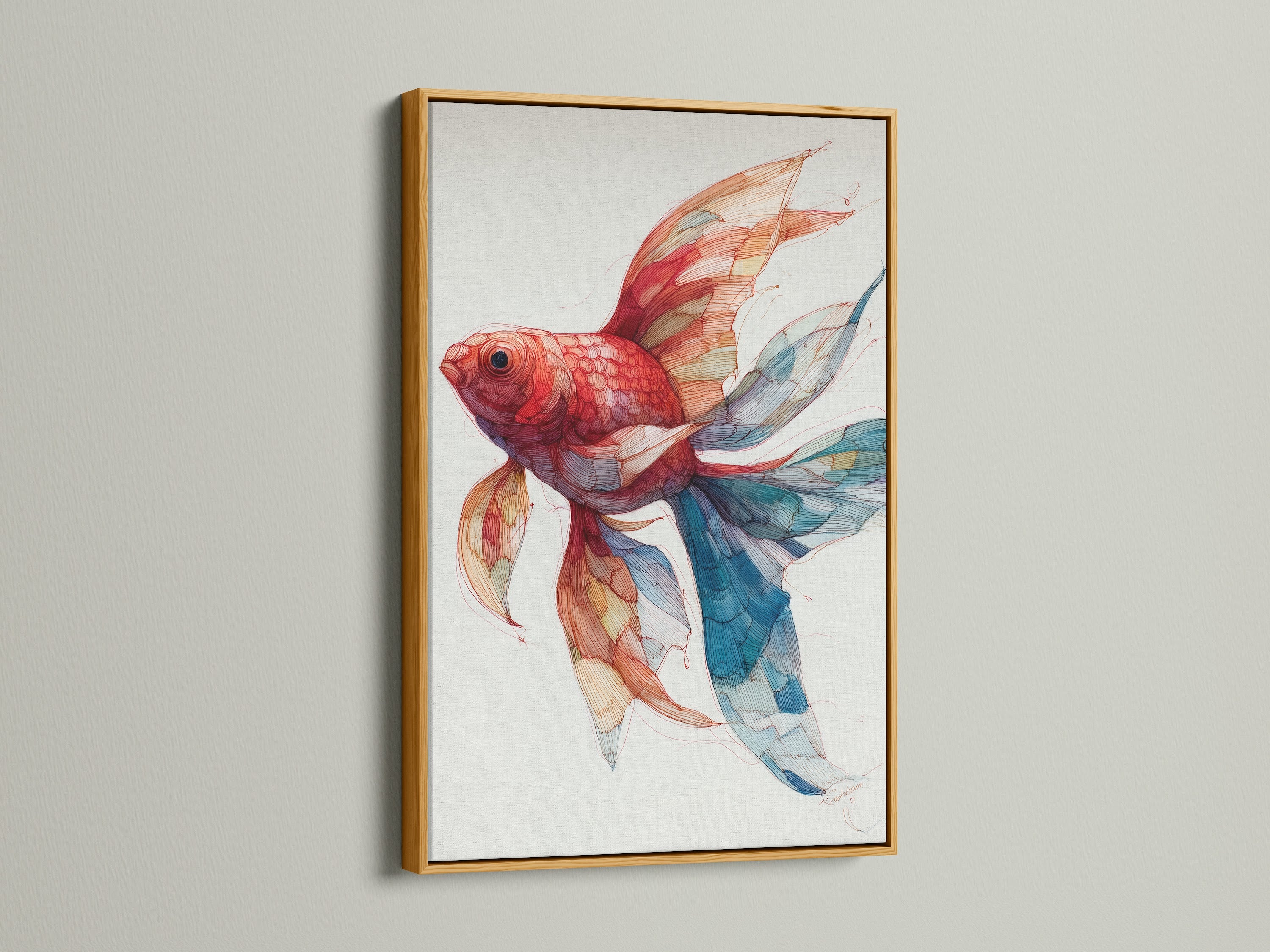 A luxurious goldfish artwork is displayed within a gold frame. The shimmering gold frame adds a touch of glamour. This elegant frame complements artwork of all types. It is a perfect choice for a luxurious home. The gold frame brings warmth and sophistication. Explore our collection of gold frames to find the perfect piece. It is a great way to elevate your artwork.