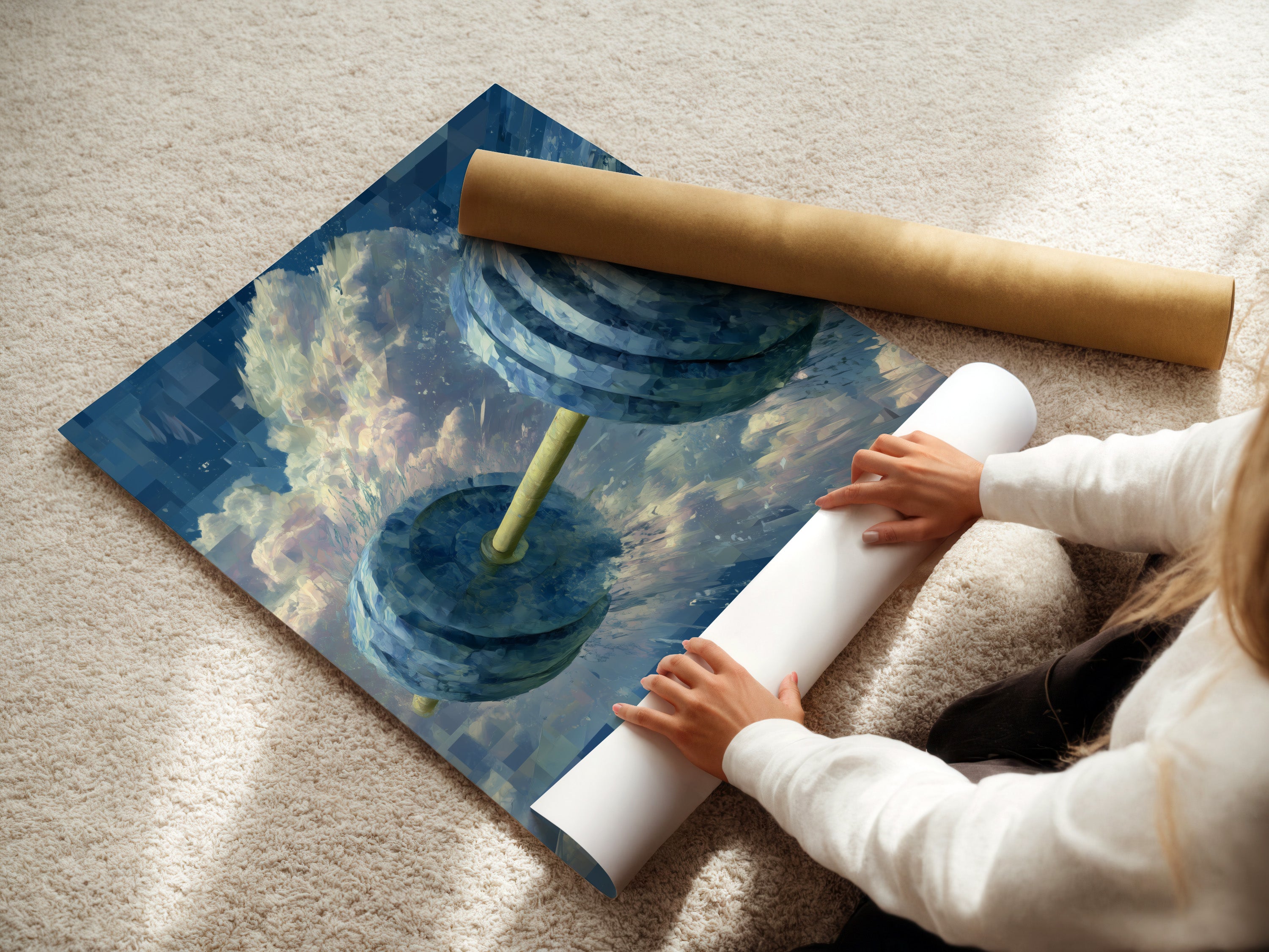 A woman carefully rolling a fine art poster paper. This fitness artwork is ready to be framed and displayed. Choose this option for a lightweight alternative to canvas. Ideal for motivational prints.