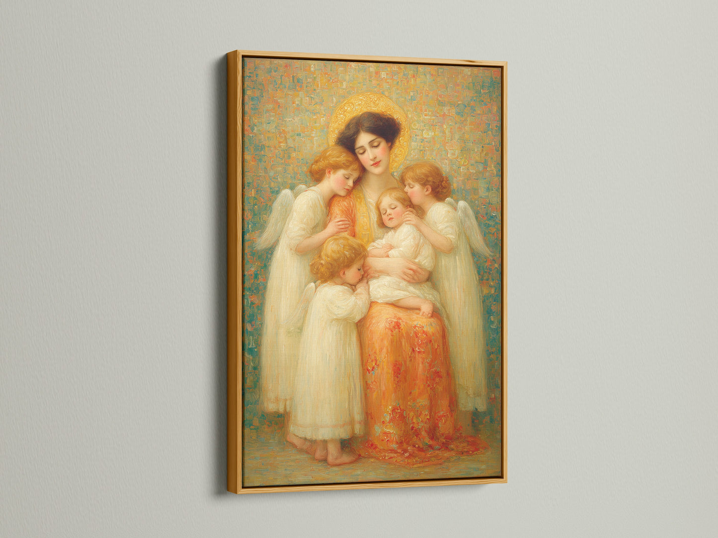 The image shows the Madonna & Child Renaissance Angel Wall Art. It is set in a gold frame. This angel canvas print is ideal for religious decor. It complements nursery bedroom decor. Consider this madonna print for a holy family art display.