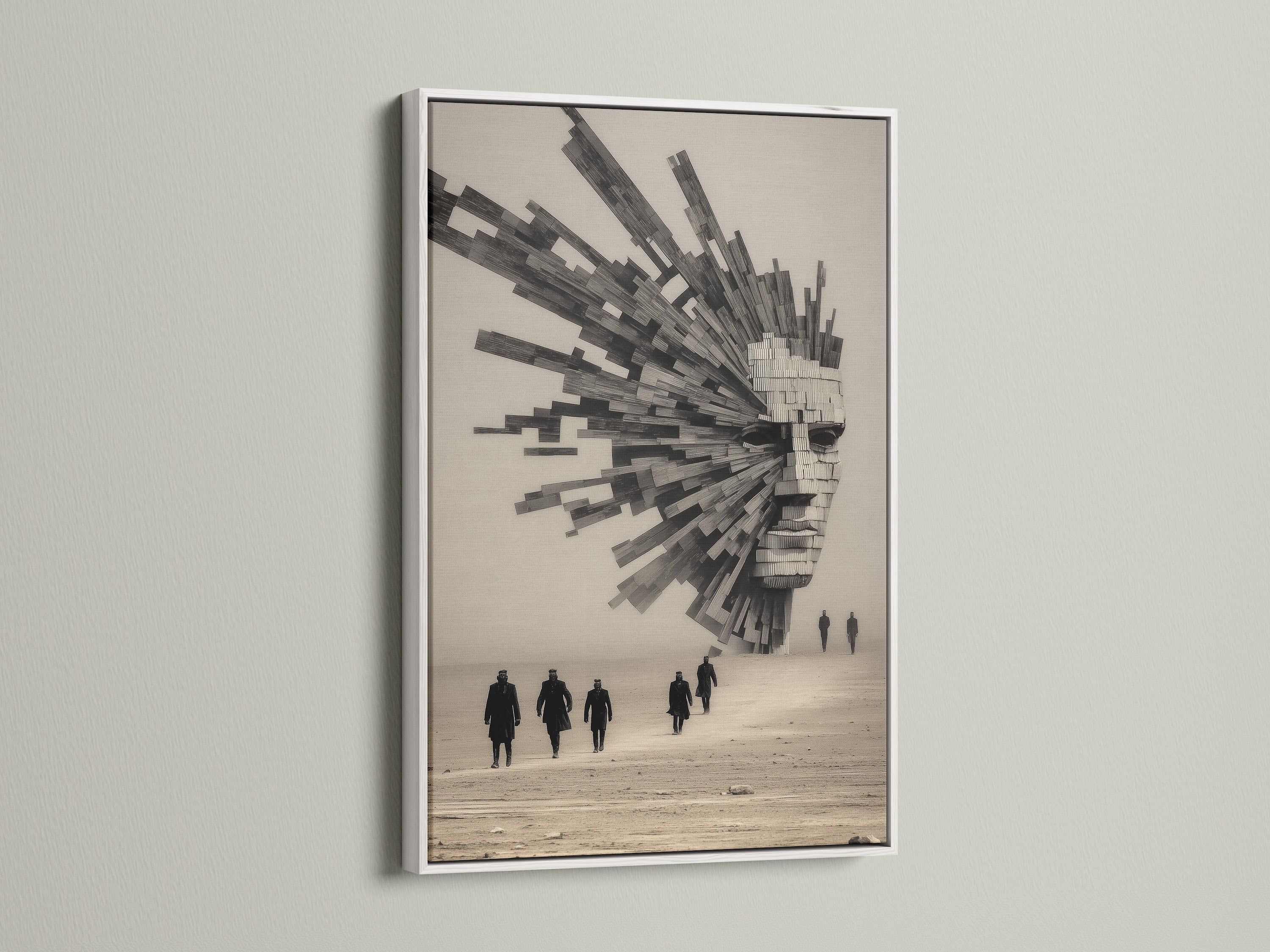 Surreal Architecture artwork with a white frame. This piece blends abstract geometric elements. It is a modern monochrome poster ideal for office decor. The artwork adds an elevated touch to minimalist spaces. Perfect for scandinavian style interiors.
