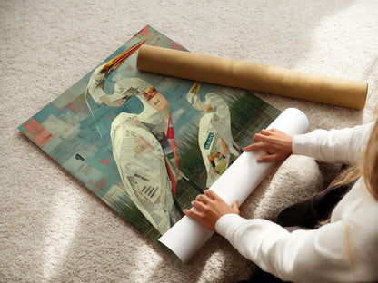 A woman rolls fine art poster paper. This heron print is ready for framing. Get your coastal wall art as a poster. Perfect for any space. High-quality paper ensures lasting beauty.