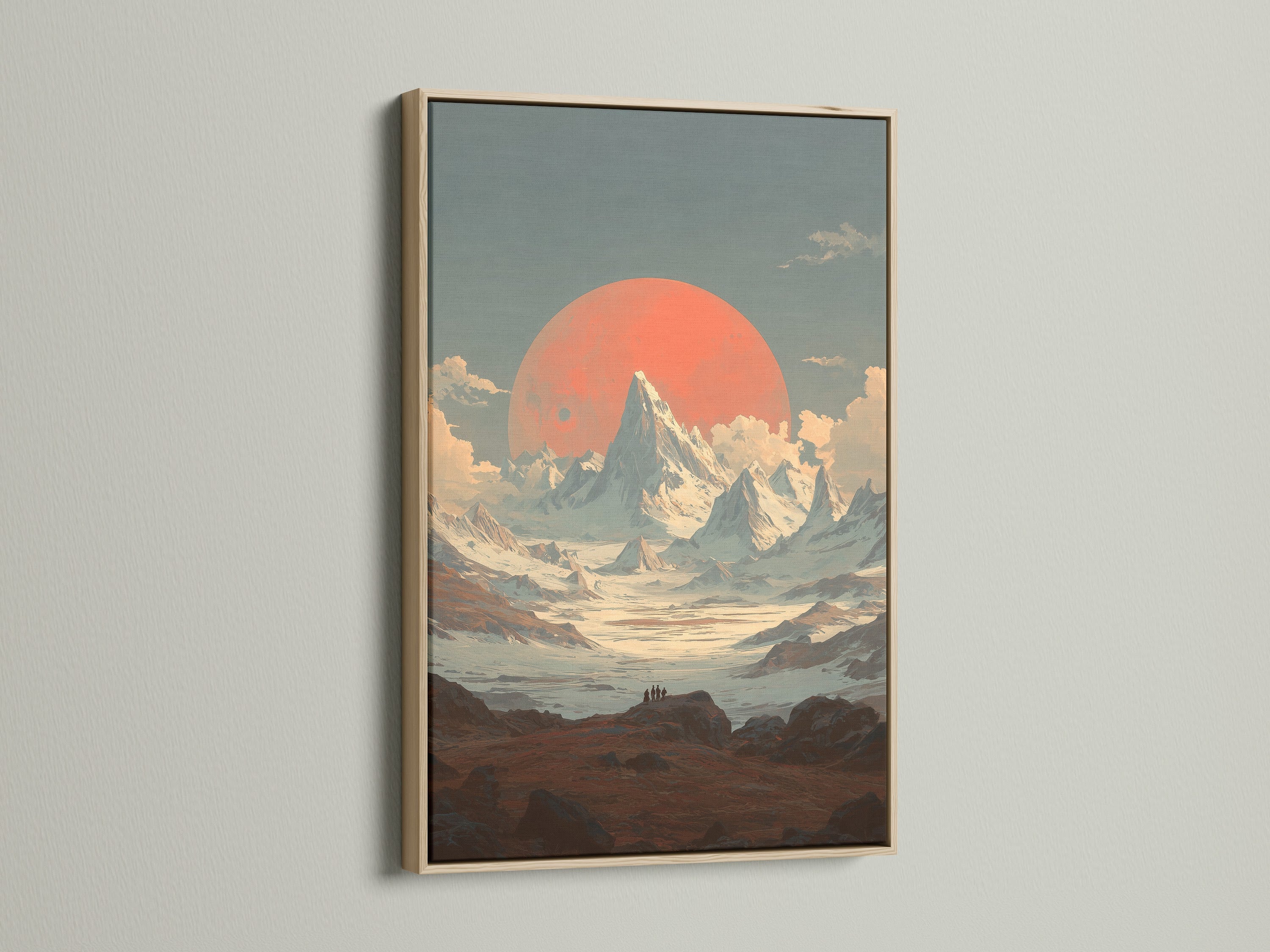 This mountain sunset artwork looks stunning in an oak frame. The vintage alpine landscape wall art brings nature indoors. The coral sun print makes a statement. The oak frame enhances the art. Ideal for living rooms bedrooms and offices.