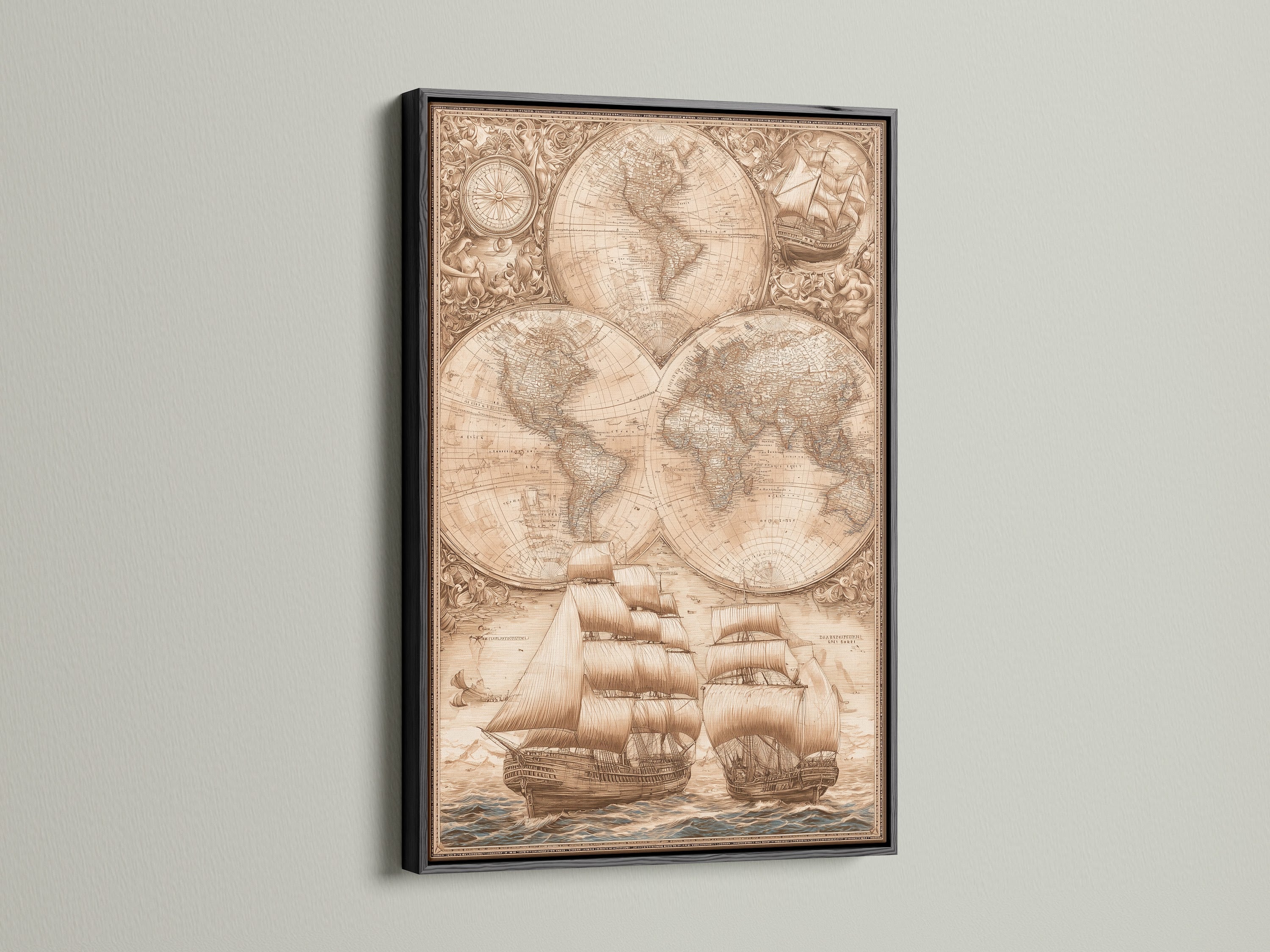 A striking black frame surrounds a vintage world map artwork of ships. The black frame adds a bold statement. It emphasizes the artwork's intricate details. This framed piece is perfect for a modern space. See how a black frame elevates any artwork.