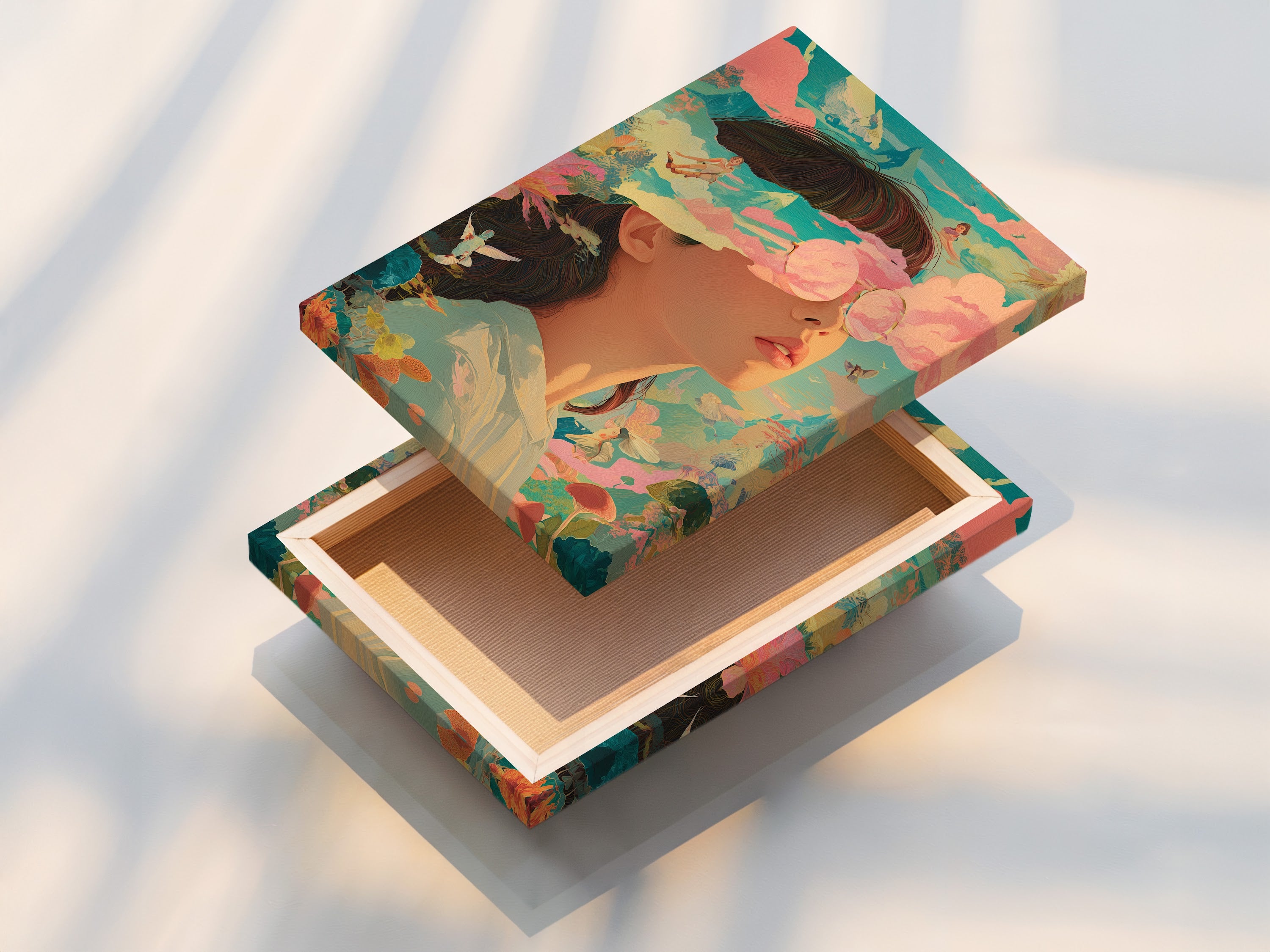 This is a stretched canvas print. The artwork is vibrant and ready to hang. The canvas texture adds depth and richness. The art features a woman in sunglasses surrounded by a dreamlike world. Perfect for ready-to-display art.