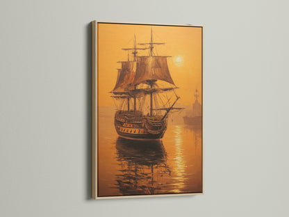 Artwork of a sailing ship in an oak floating frame. The artwork is a beautiful depiction of a ship sailing. The oak frame adds a touch of warmth and sophistication to the piece. Perfect for adding a touch of nautical charm to any room. The artwork is sure to be a conversation starter for your guests.
