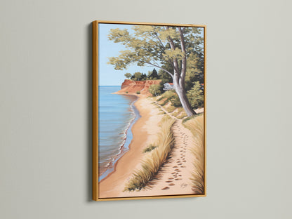 Coastal Beach Artwork in a Gold Frame. This serene ocean view print captures a sandy shoreline. Ideal for coastal cottage decor bringing a touch of the beach to your space. Discover framed artwork to enhance your home's ambiance. Golden frame adds elegance.