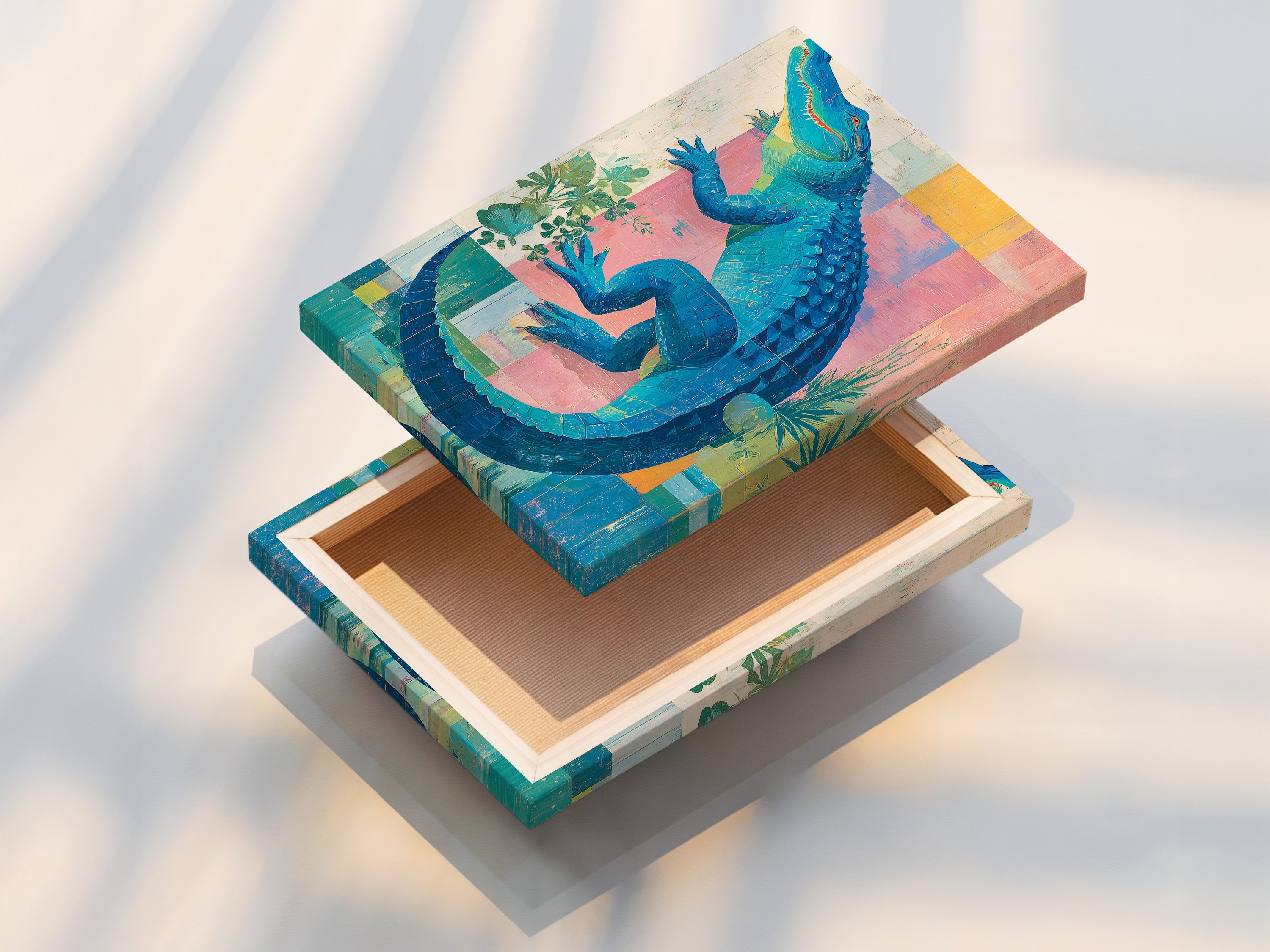 This is a stretched canvas print of the alligator artwork. The vibrant colors and details are preserved. It is ready to hang and transform your walls. Perfect for coastal and tropical decor.