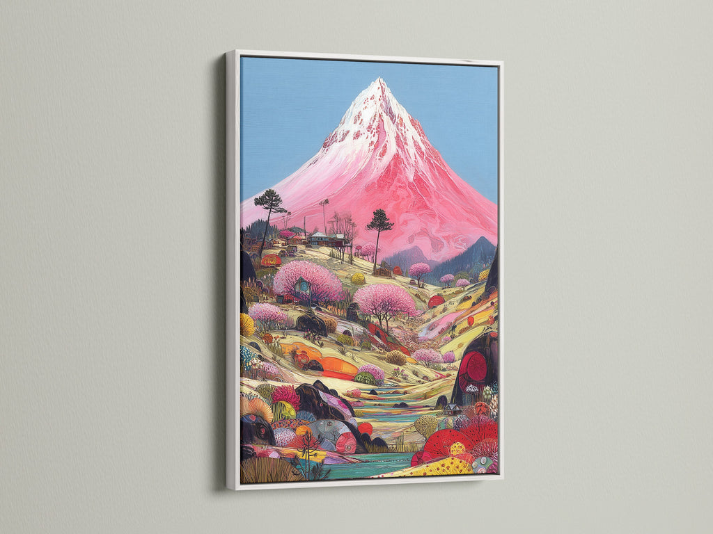 Showcase your Mount Fuji artwork in a sleek white frame. The white frame offers a clean modern look for your pink mountain artwork. Perfect for brightening up your studio or meditation room. This frame style enhances Asian-inspired wall art.