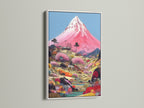 Showcase your Mount Fuji artwork in a sleek white frame. The white frame offers a clean modern look for your pink mountain artwork. Perfect for brightening up your studio or meditation room. This frame style enhances Asian-inspired wall art.