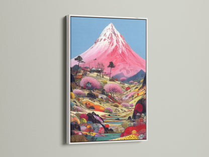 Showcase your Mount Fuji artwork in a sleek white frame. The white frame offers a clean modern look for your pink mountain artwork. Perfect for brightening up your studio or meditation room. This frame style enhances Asian-inspired wall art.