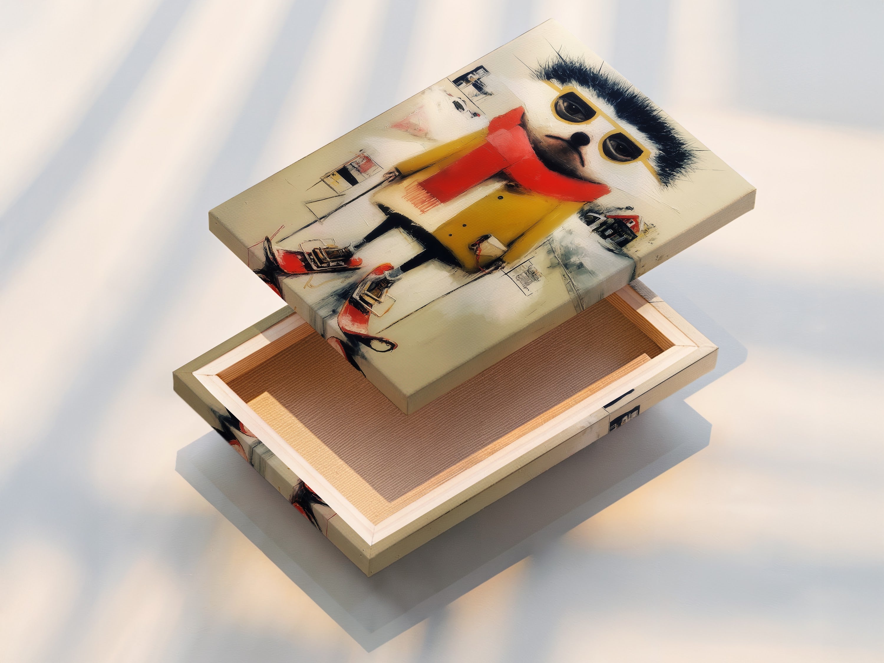 Stretched canvas print featuring a quirky ski animal. This whimsical winter wall art is ready to hang. Ideal for contemporary folk art lovers. Brighten up any kids' room or playroom with this fun print