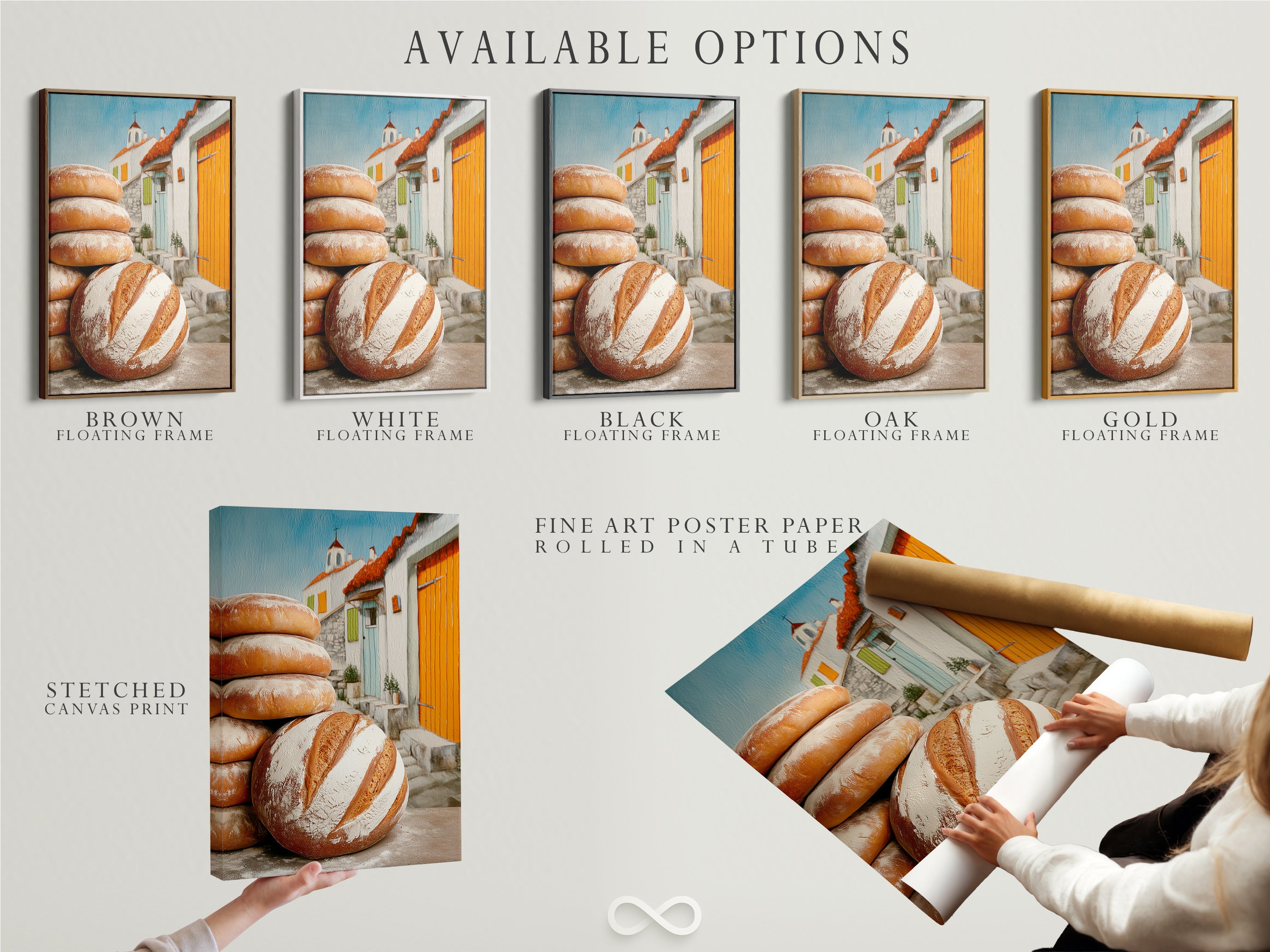 Available options displayed include stretched canvas print fine art poster paper and floating frame. Options for our bakery canvas print. Ideal for cafe managers and restaurant owners. It enhances farmhouse country or French-inspired styles.