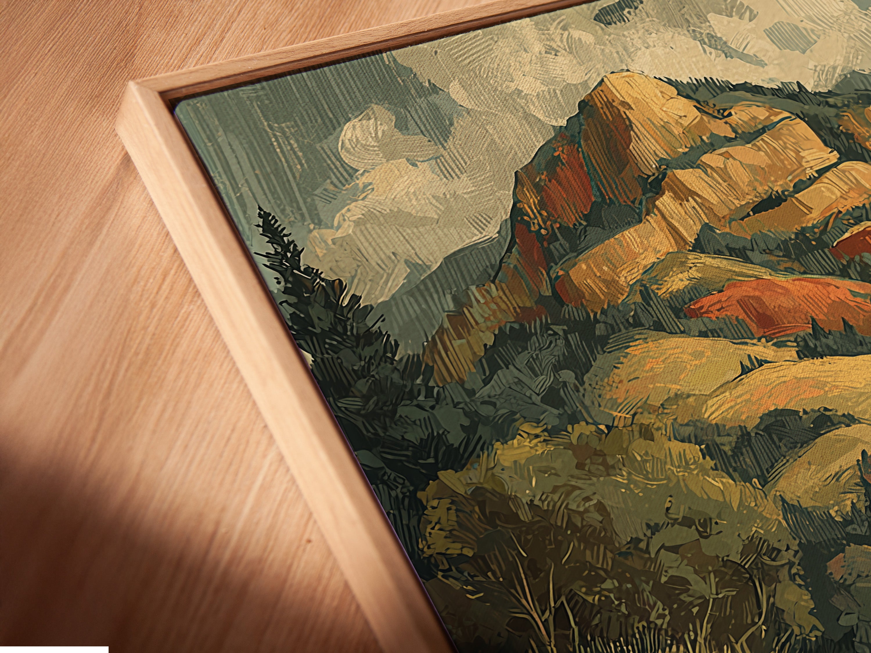 A close-up of a canvas print in a floating frame. Showcasing cycling wall art a vintage mountain bike print. The floating frame adds a modern touch. Perfect for home office decor. Explore our cycling artwork options today