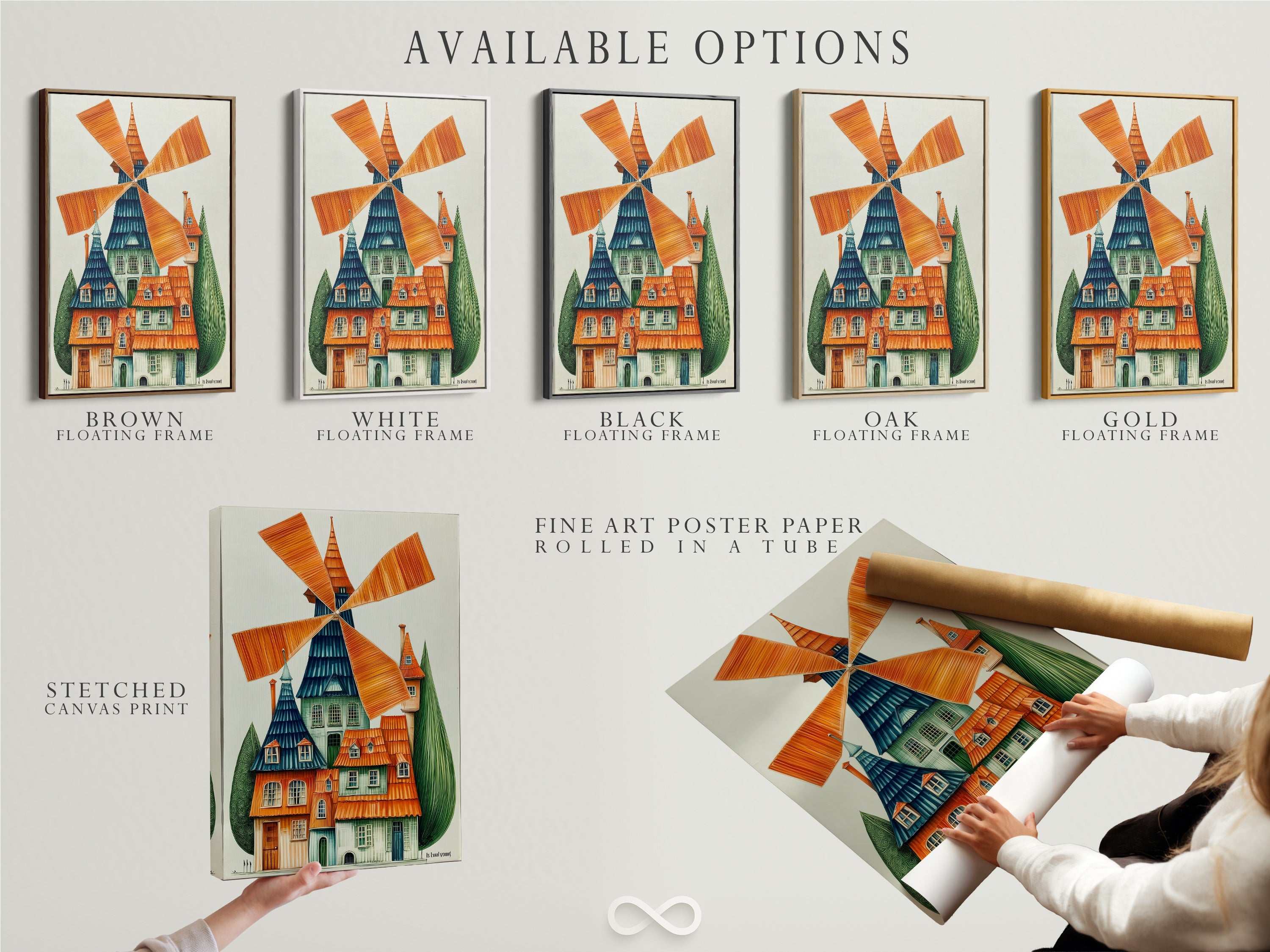 Explore available options for this whimsical windmill artwork. Choose from stretched canvas print fine art poster paper or a floating frame. Dutch architecture canvas perfect for colorful folk art in playroom decor.