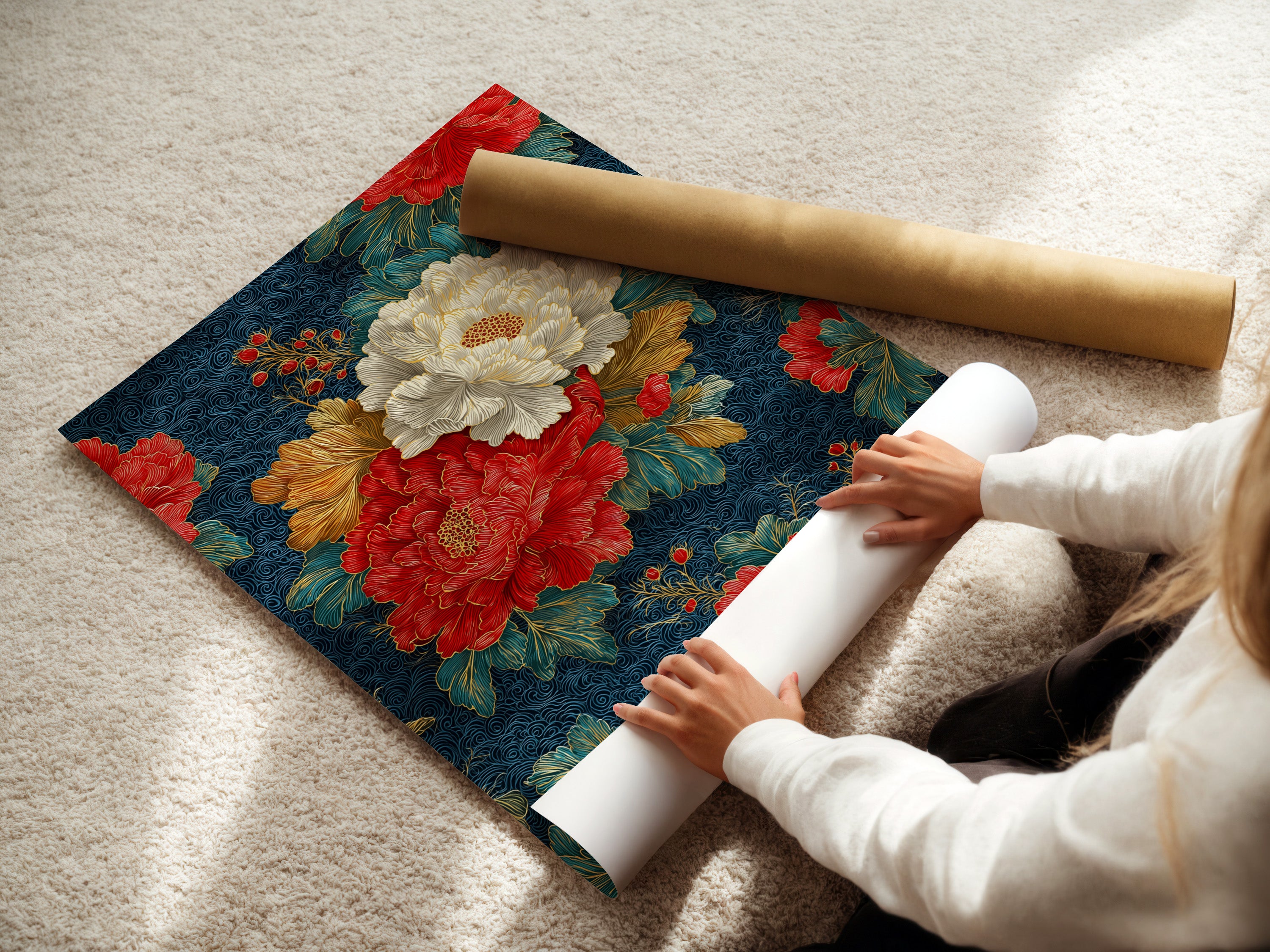 Japanese Floral Wall Art - Navy Blue Peony Canvas Print, Oriental Botanical Art for Living Room Decor