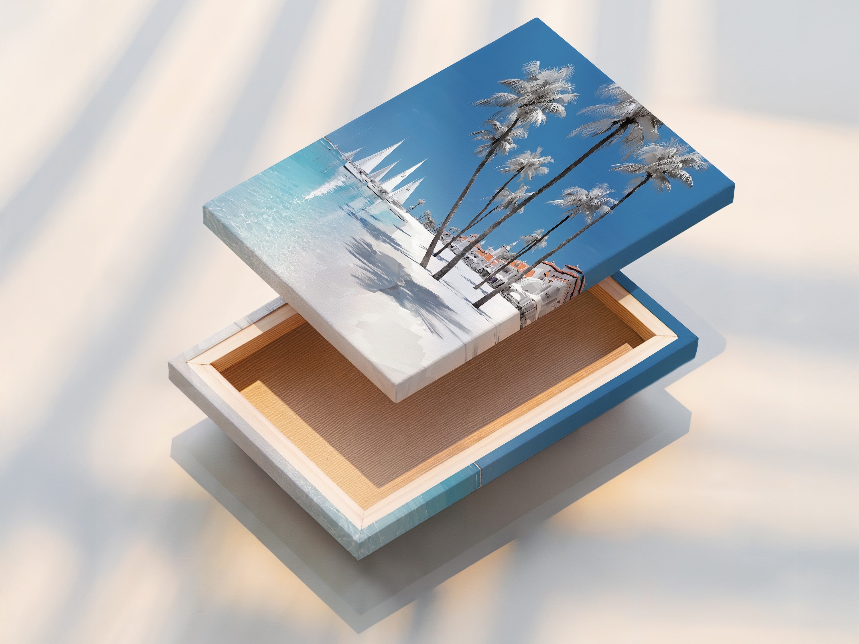 A beautifully stretched canvas print of a tropical beach scene. Ready to hang and enjoy. Our coastal ocean artwork brings summer vacation vibes to your home. Perfect beachy office art. Find your island art print now