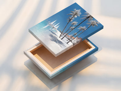 A beautifully stretched canvas print of a tropical beach scene. Ready to hang and enjoy. Our coastal ocean artwork brings summer vacation vibes to your home. Perfect beachy office art. Find your island art print now