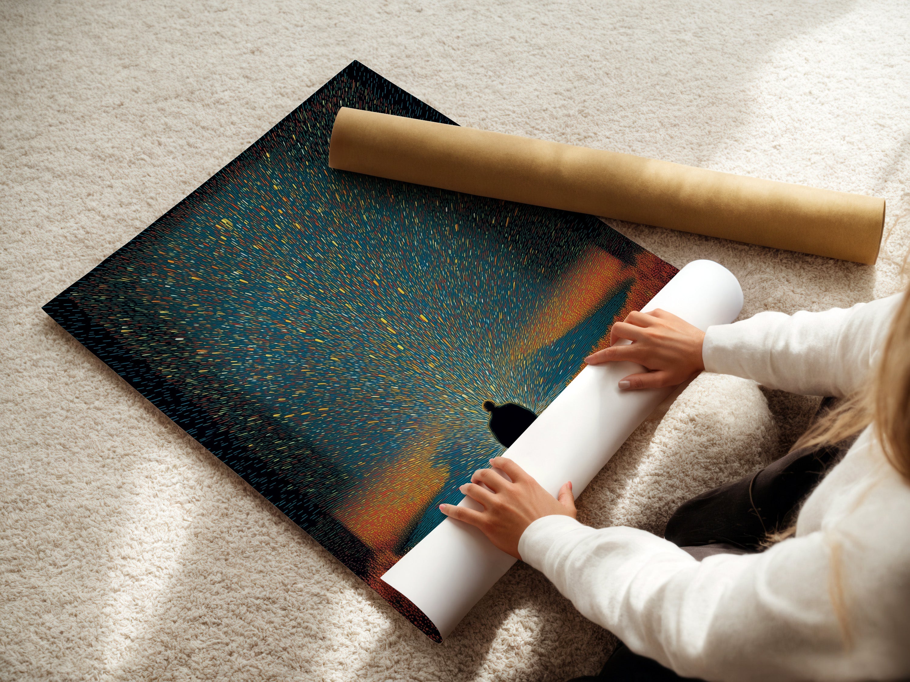 A woman is carefully rolling a fine art poster paper. The poster paper is high quality and ready for printing. Ideal for creating stunning art prints. Get your favorite artwork printed on fine art poster paper.