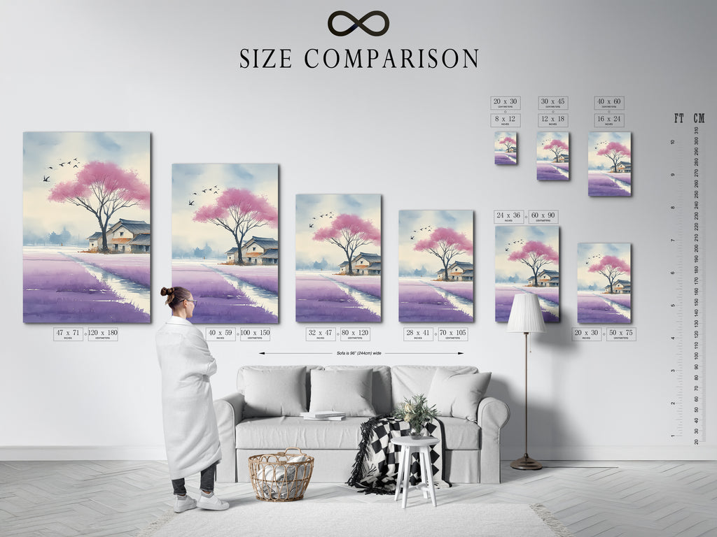 Size comparison chart in an interior setting showcasing the Japanese Cherry Blossom artwork. This Asian landscape watercolor painting is perfect for any space. Choose the ideal size for your wall art needs. Transform your home or office decor today.