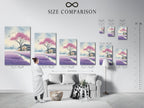 Size comparison chart in an interior setting showcasing the Japanese Cherry Blossom artwork. This Asian landscape watercolor painting is perfect for any space. Choose the ideal size for your wall art needs. Transform your home or office decor today.