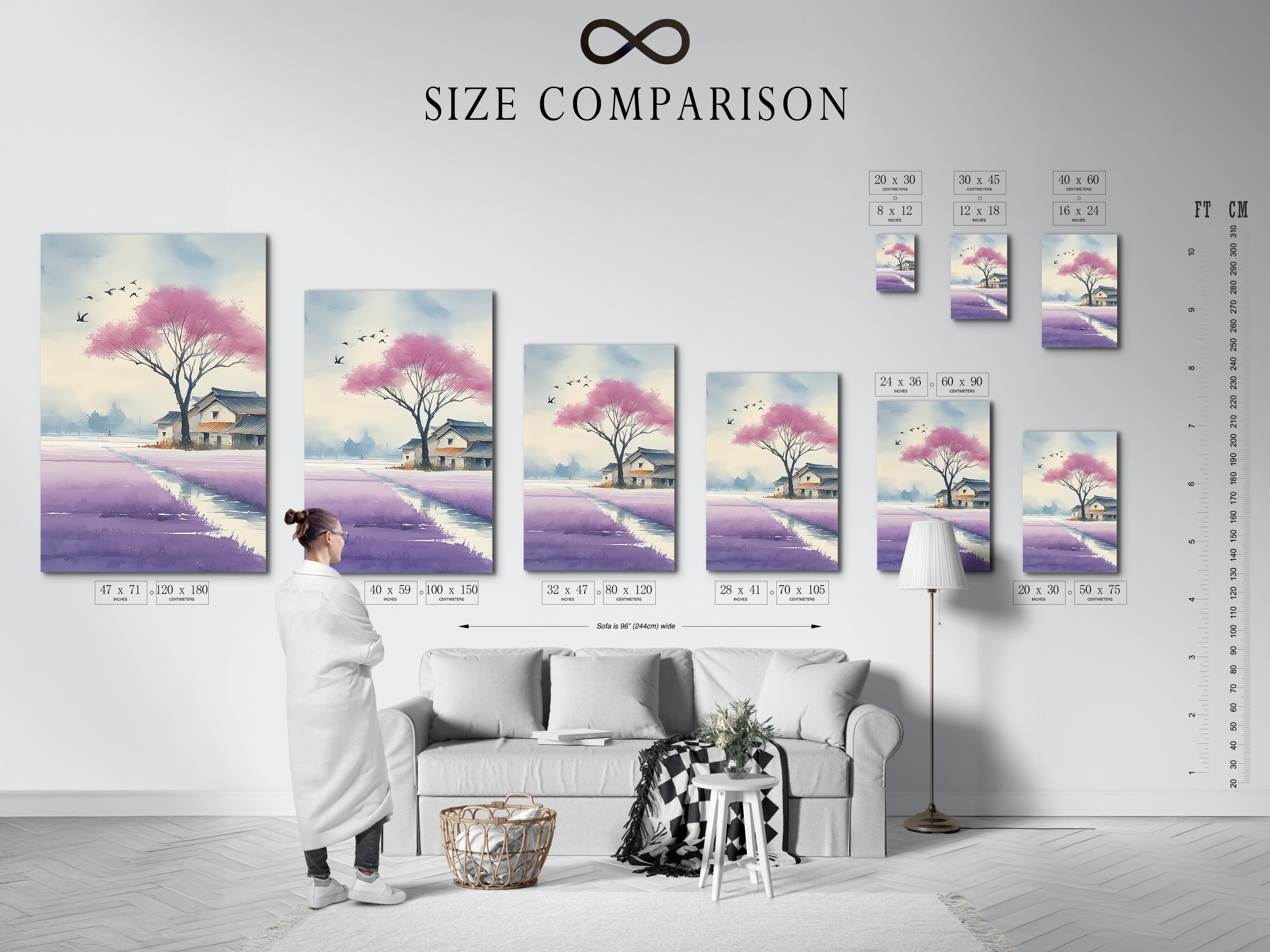A size comparison chart of the Cherry Blossom Asian Landscape artwork in an interior setting. The artwork is a watercolor style art print. This artwork is ideal for minimalist and modern decor.