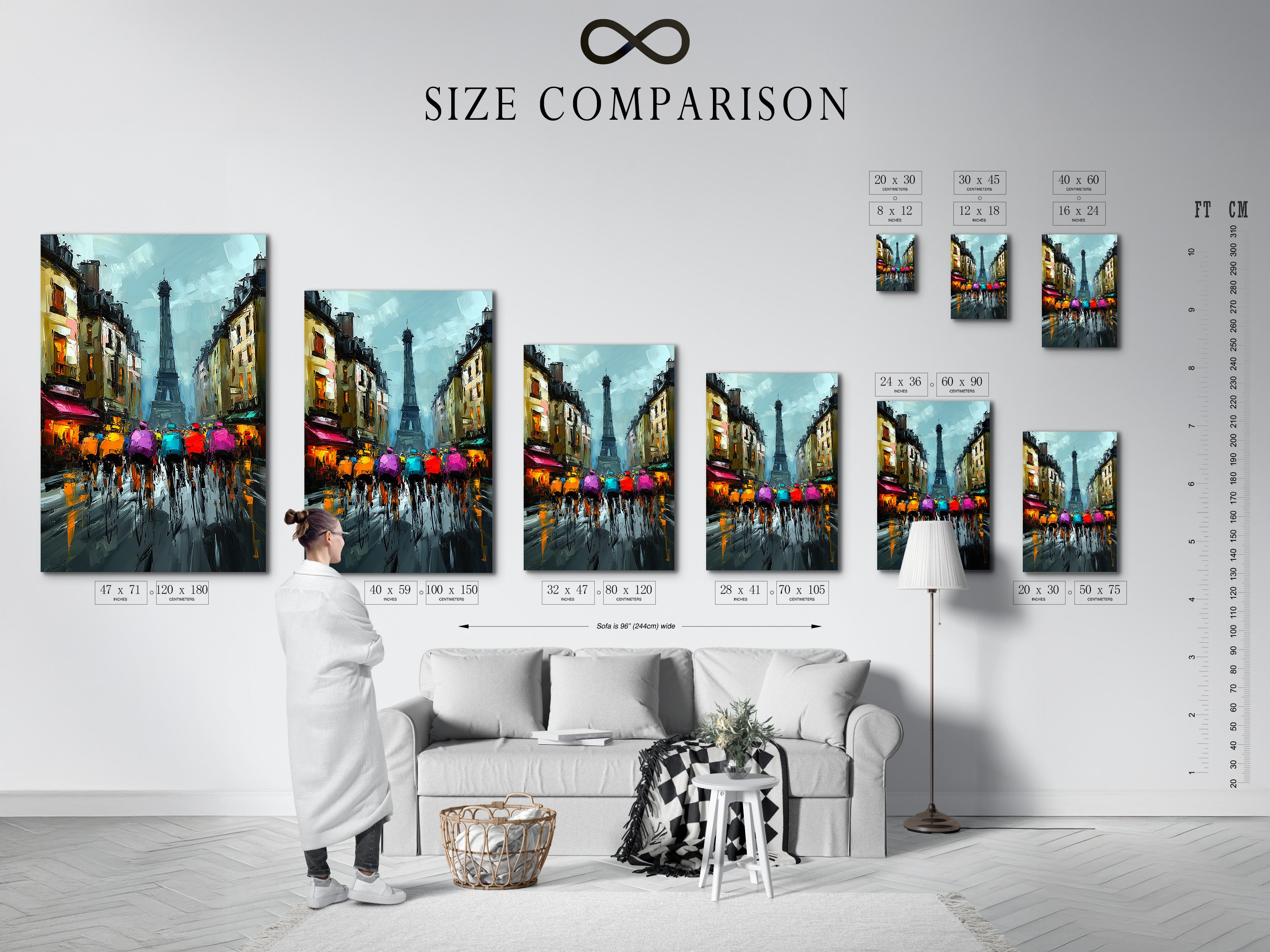 A size comparison chart in an interior setting. This chart helps visualize the artwork in different sizes. It assists in choosing the perfect size for your space. This is a helpful tool for interior decoration. The chart shows how artwork can transform a room.