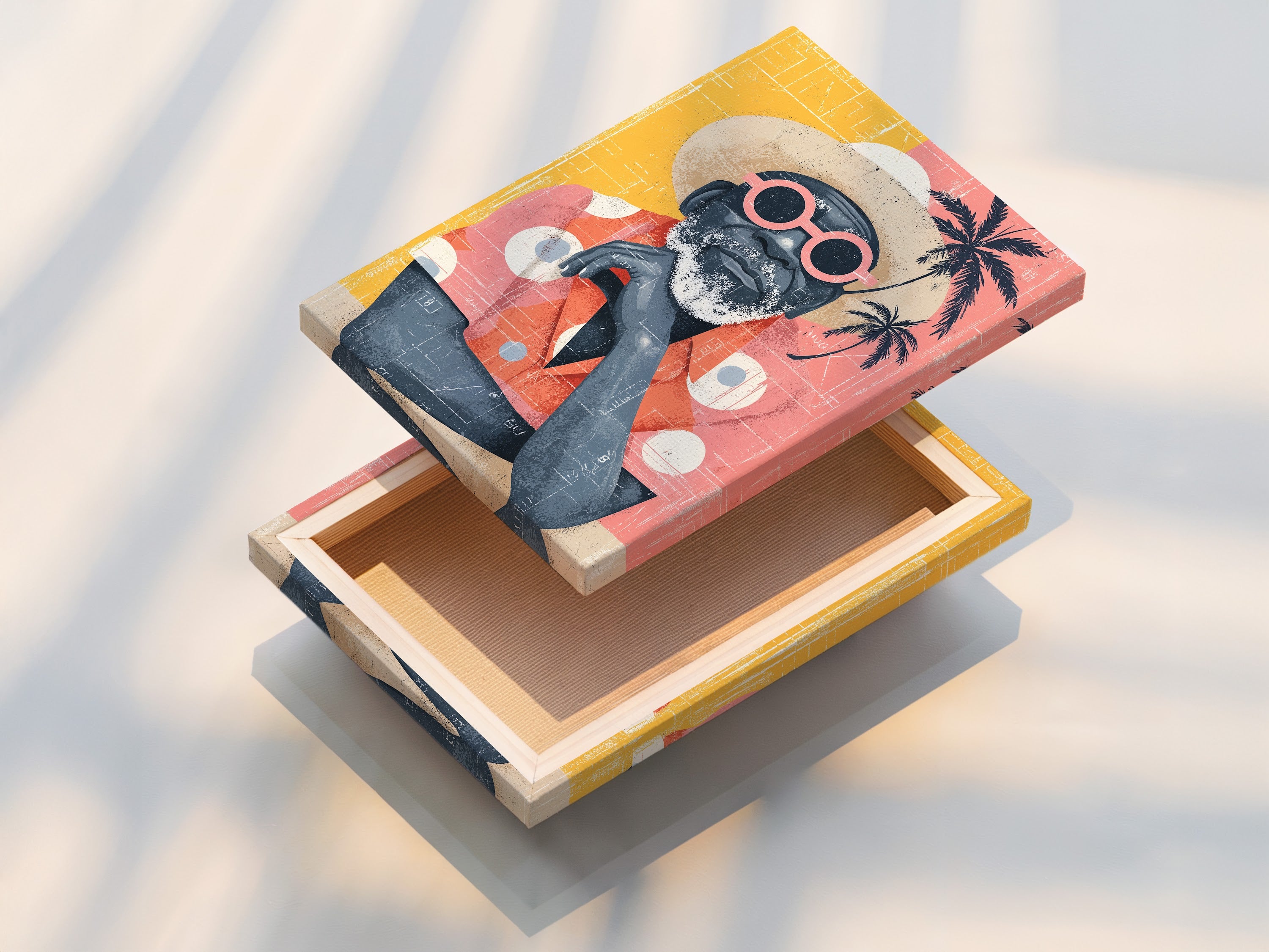 Stretched canvas print of retro beach man artwork. This canvas print is ready to hang and enjoy. The tropical sunglasses portrait adds a touch of summer to any room. Perfect for coastal and eclectic decor styles. Elevate your space with this vibrant wall art.