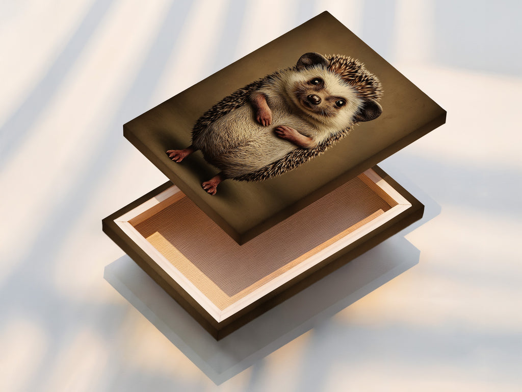 Stretched canvas print of a hedgehog. This woodland animal canvas print is ready to hang. It's a cute wildlife poster for a nursery. This kids room decor is a great addition to any home. Mid-century style.