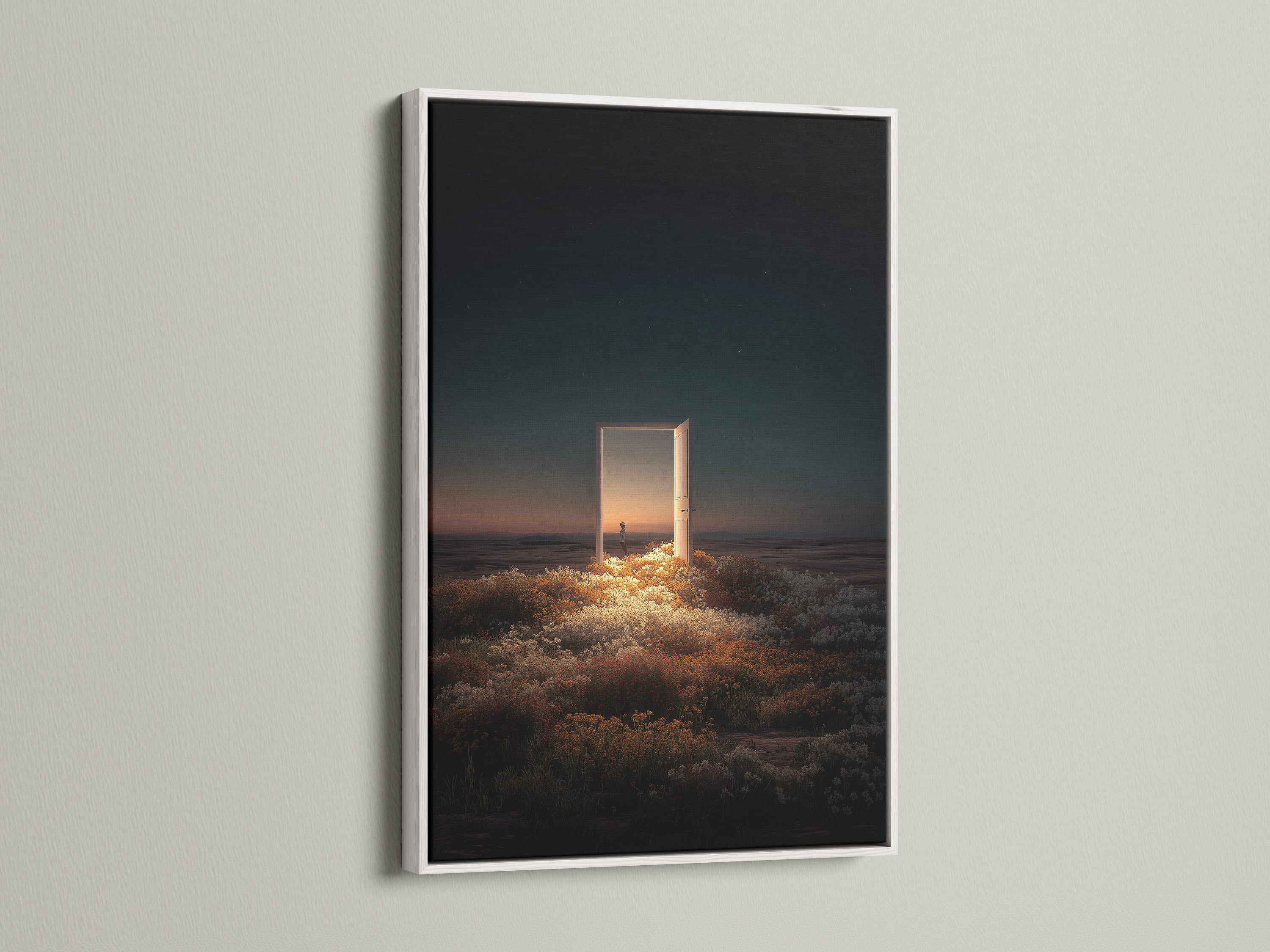 White frame featuring an open door in a field artwork. The white frame provides a clean look. The artwork is matted and framed. This piece would be a great addition to any home decor.