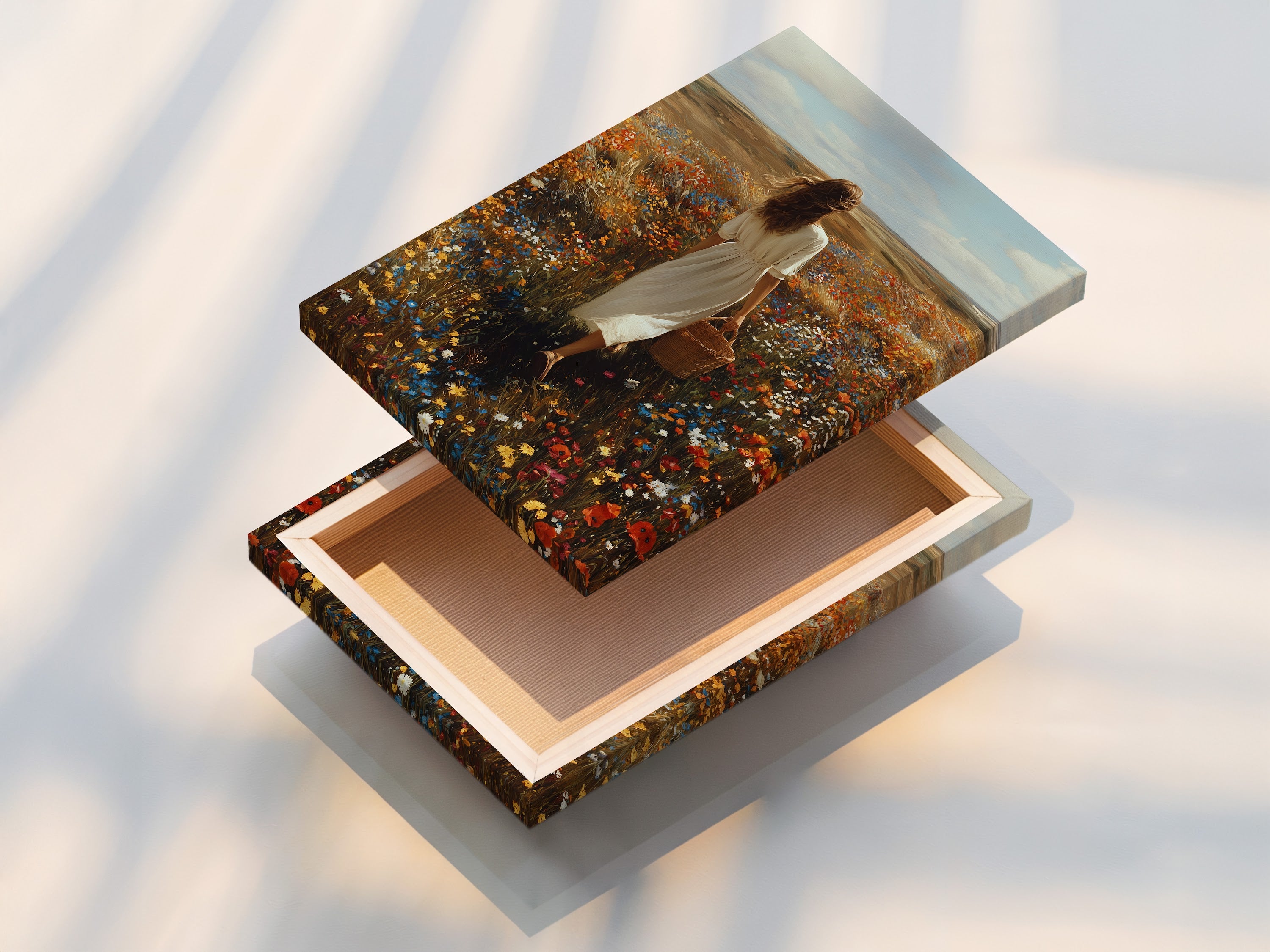 A beautifully stretched canvas print is on display. The artwork shows a woman walking through a field of flowers. The stretched canvas enhances the colors and details. It provides a gallery-quality look. Explore the elegance of stretched canvas prints. Transform your space with stunning artwork.