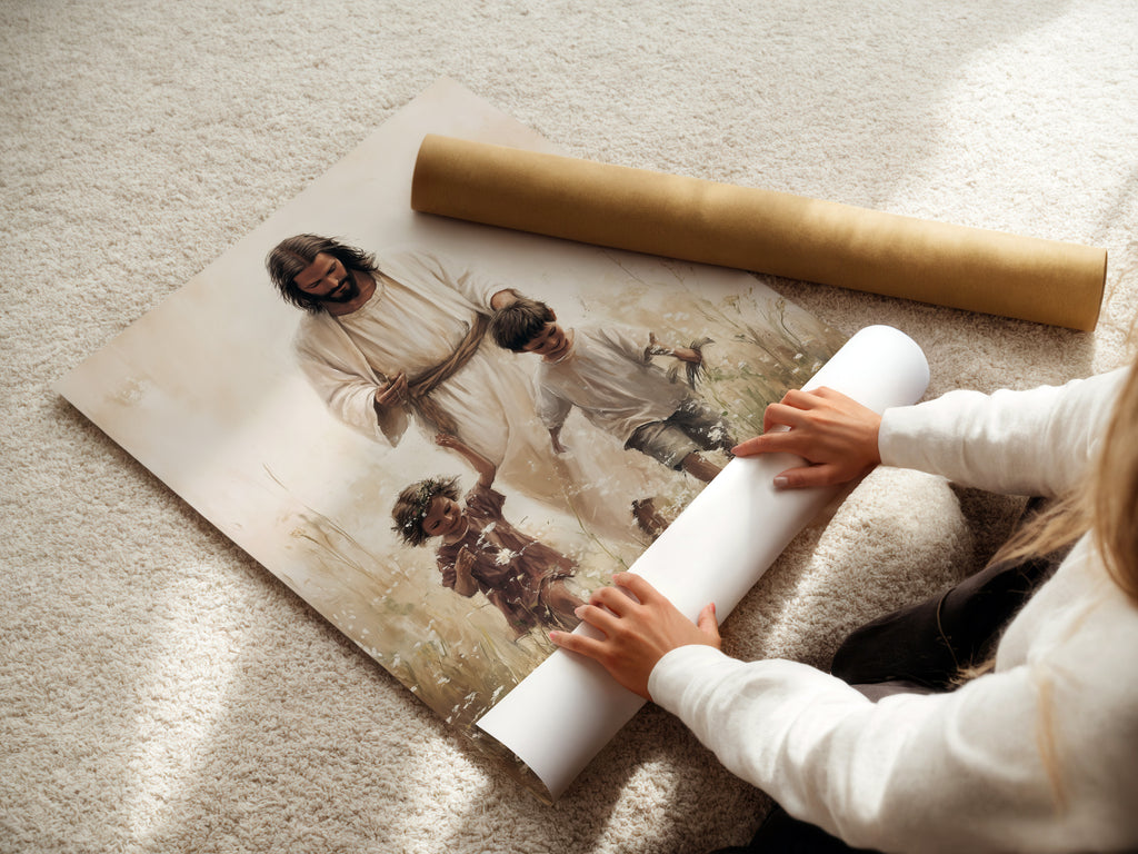 A woman carefully rolls a fine art poster paper. This highlights the care in preserving the quality of the print. Our fine art posters are crafted with precision. This ensures your artwork arrives in perfect condition. Experience the quality of fine art paper.