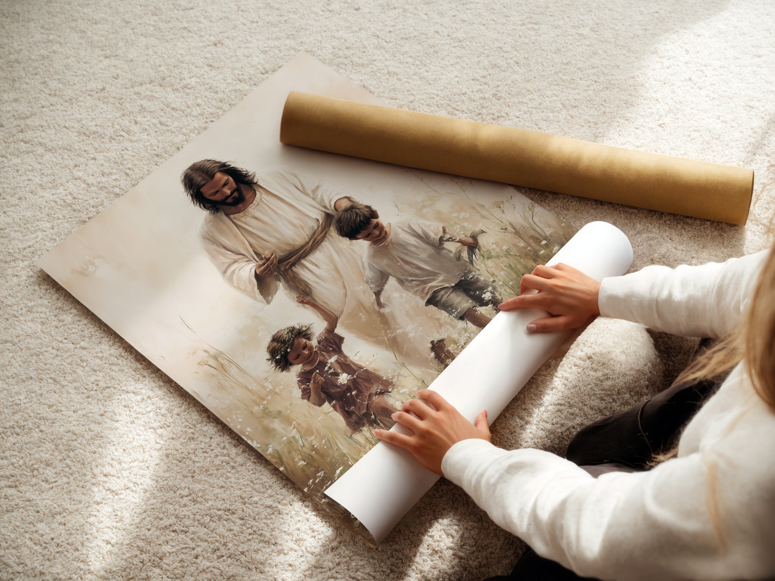 A woman carefully rolls a fine art poster paper. This highlights the care in preserving the quality of the print. Our fine art posters are crafted with precision. This ensures your artwork arrives in perfect condition. Experience the quality of fine art paper.