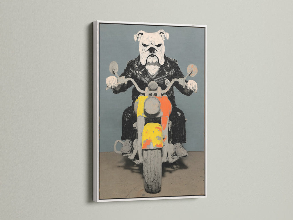 Bulldog Biker artwork in a white frame. This pop art animal poster brings a vintage style to your decor. A unique piece of dog wall art for homeowners renters and business owners alike.